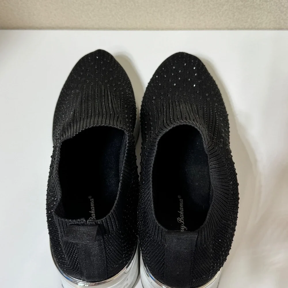 Tommy Bahama Womens Size 9 Black Rhinestone Knit Slip On Platform Sneakers